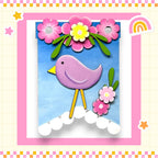 A colorful and whimsical collage featuring a purple bird, pink flowers, and a rainbow, all set against a blue background.