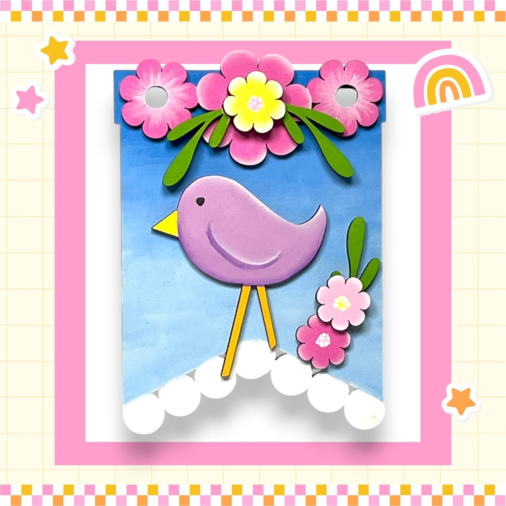 A colorful and whimsical collage featuring a purple bird, pink flowers, and a rainbow, all set against a blue background.