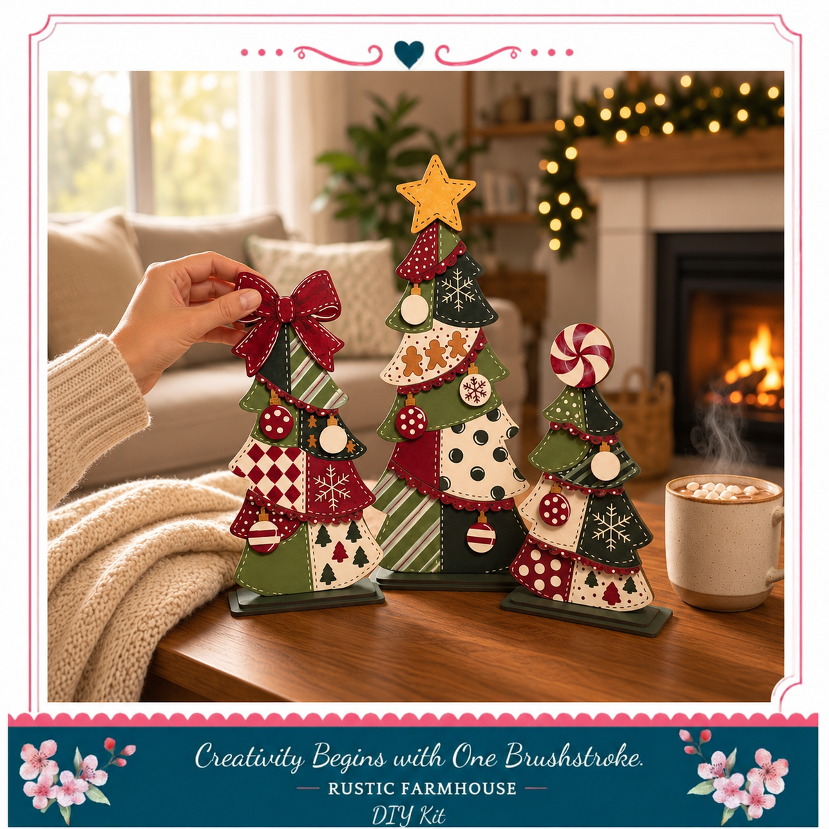 A hand is holding a red bow on a Christmas tree-shaped decoration, with a cozy fireplace and a mug of hot chocolate in the background.