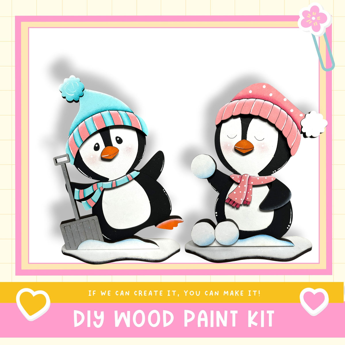two cute penguins wearing winter hats and scarves, sitting on a snowy surface and holding snowballs. The image is a collage of multiple smaller images, and the text "DIY WOOD PAINT KIT" is displayed at the bottom.