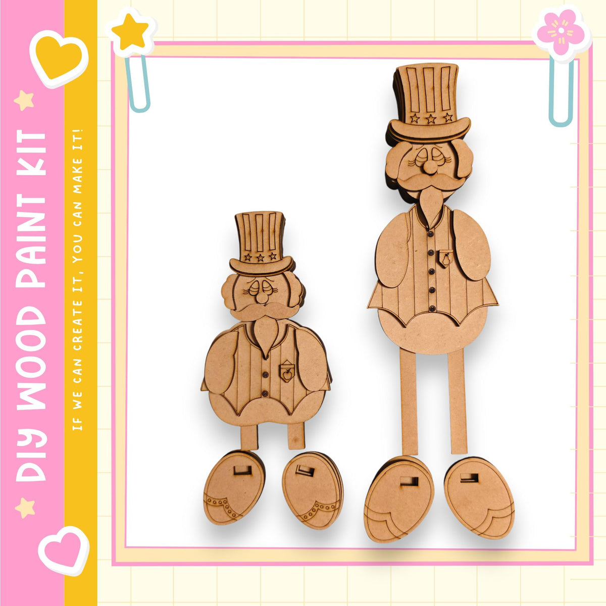 two wooden figures, likely made of cardboard, wearing top hats and standing on platforms.