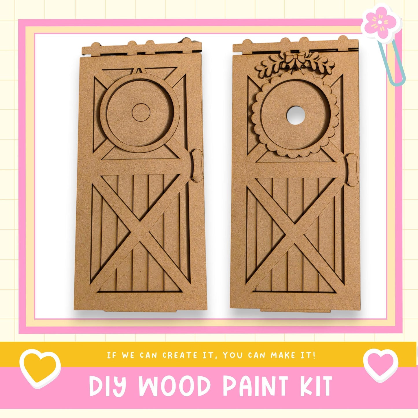 two wooden doors made of cardboard, with decorative elements such as a circular cutout and a floral design. The text below the image reads "DIY WOOD PAINT KIT" and "If we can create it, you can make it!"