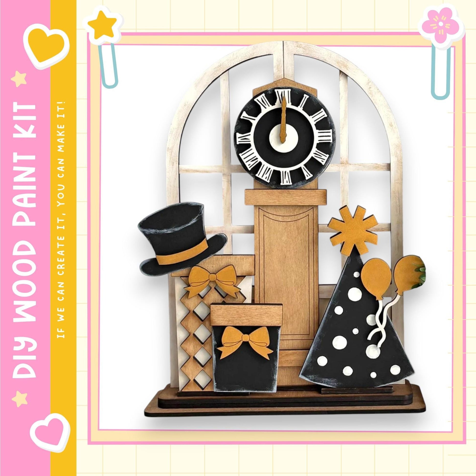 The image is a wooden clock display with various decorative elements, including a clock, a hat, a gift box, and a balloon.