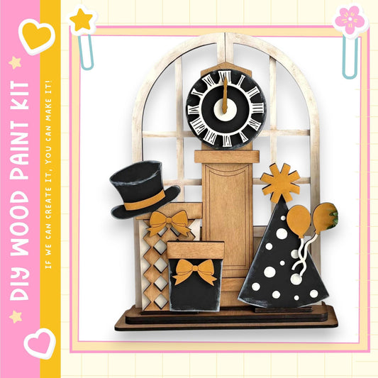 The image is a wooden clock display with various decorative elements, including a clock, a hat, a gift box, and a balloon.