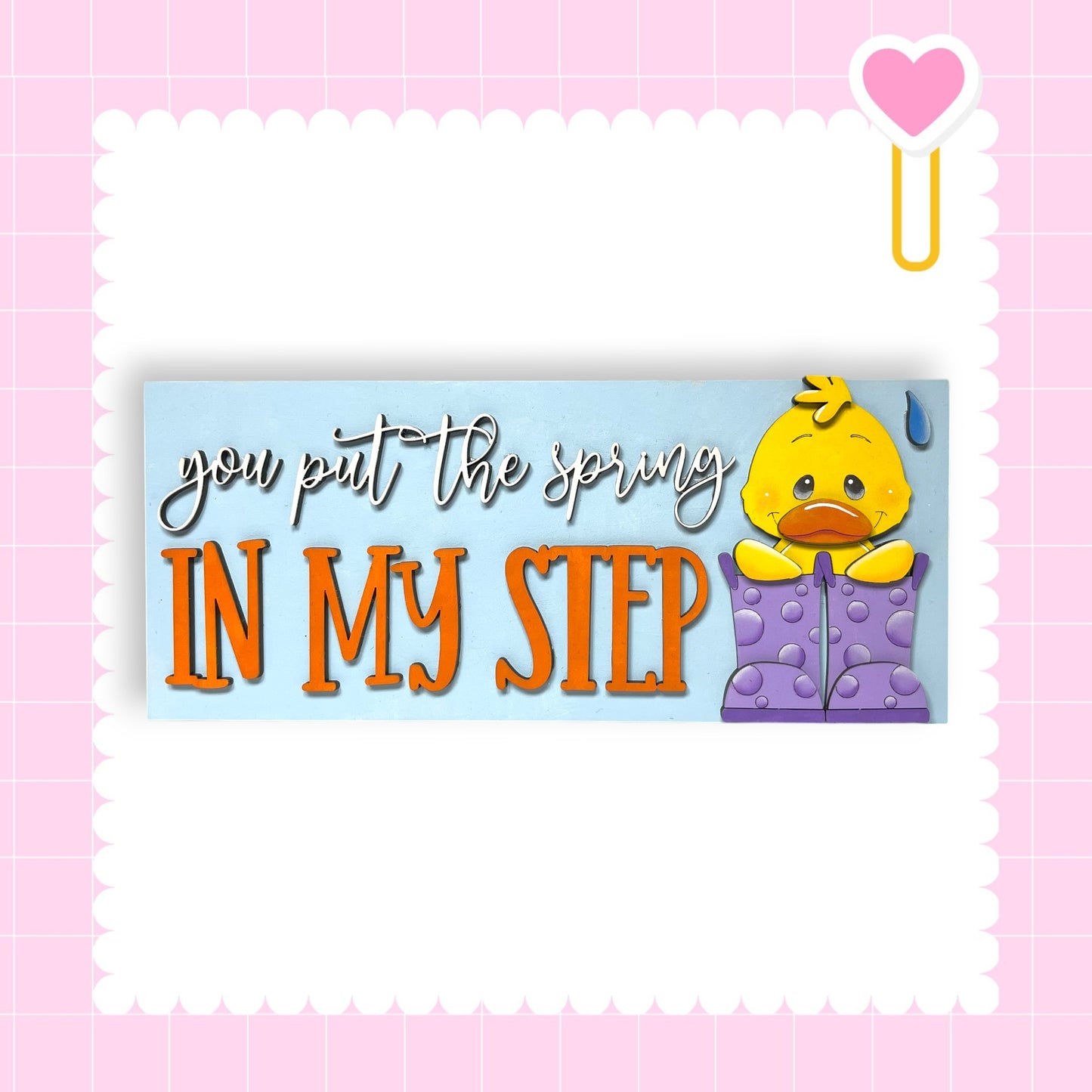 a cartoon duck wearing purple boots and holding a sign that says "you put the spring in my step".