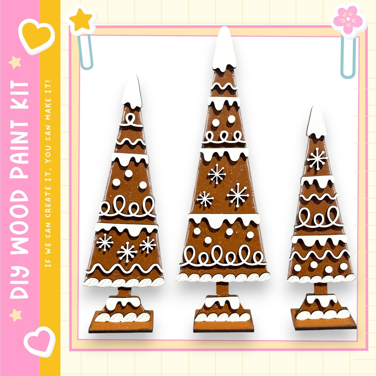 three gingerbread trees, each with unique designs and decorations, arranged in a row against a white background.