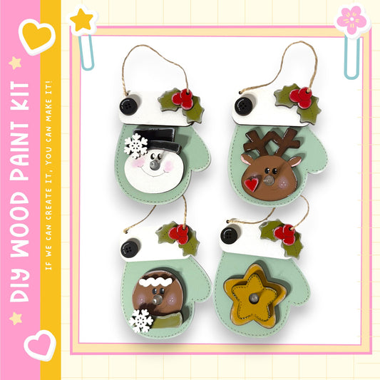 four hand-painted ornaments, each with a unique design and color scheme, displayed against a white background.