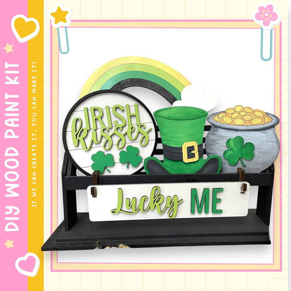 a DIY paint kit for creating a Lucky Me sign, which includes Irish kissing, a pot of gold coins, and a leprechaun hat.