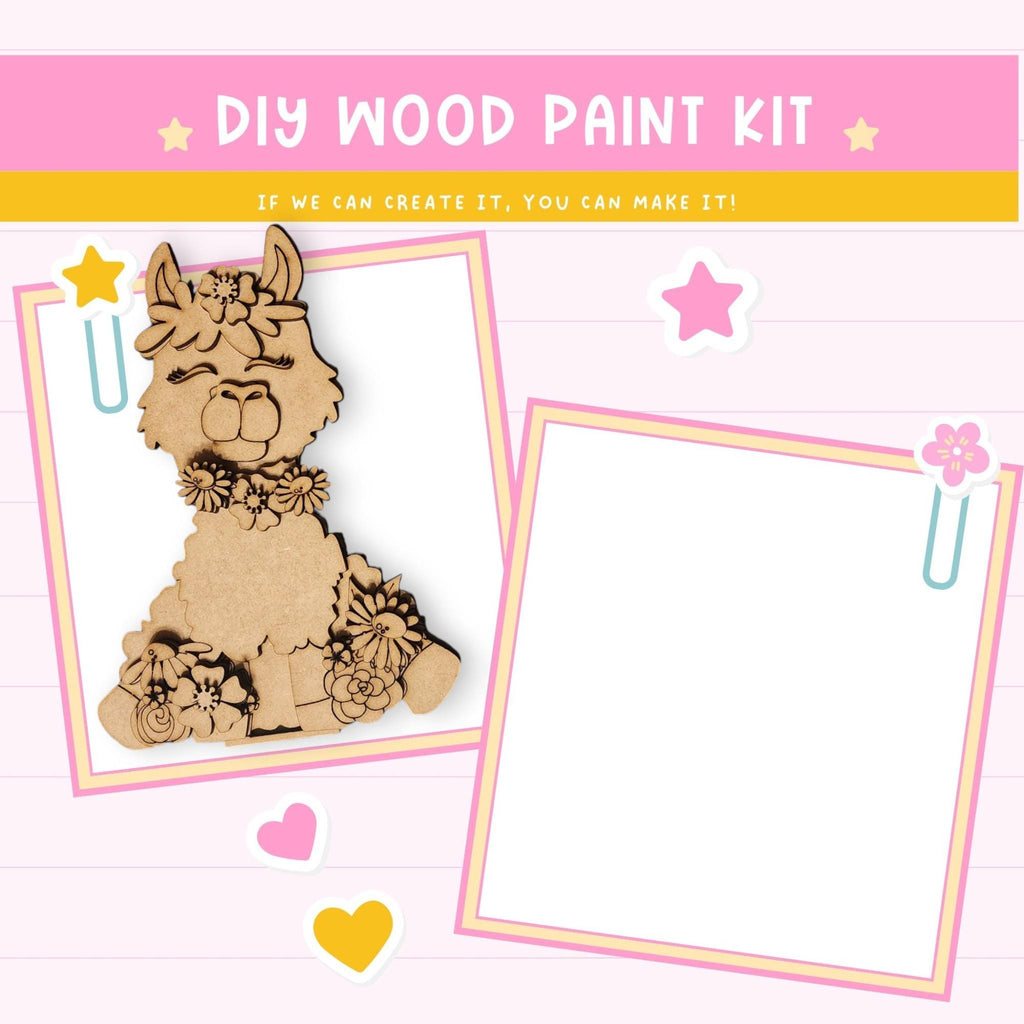 a wooden cutout of a dog on a pink background