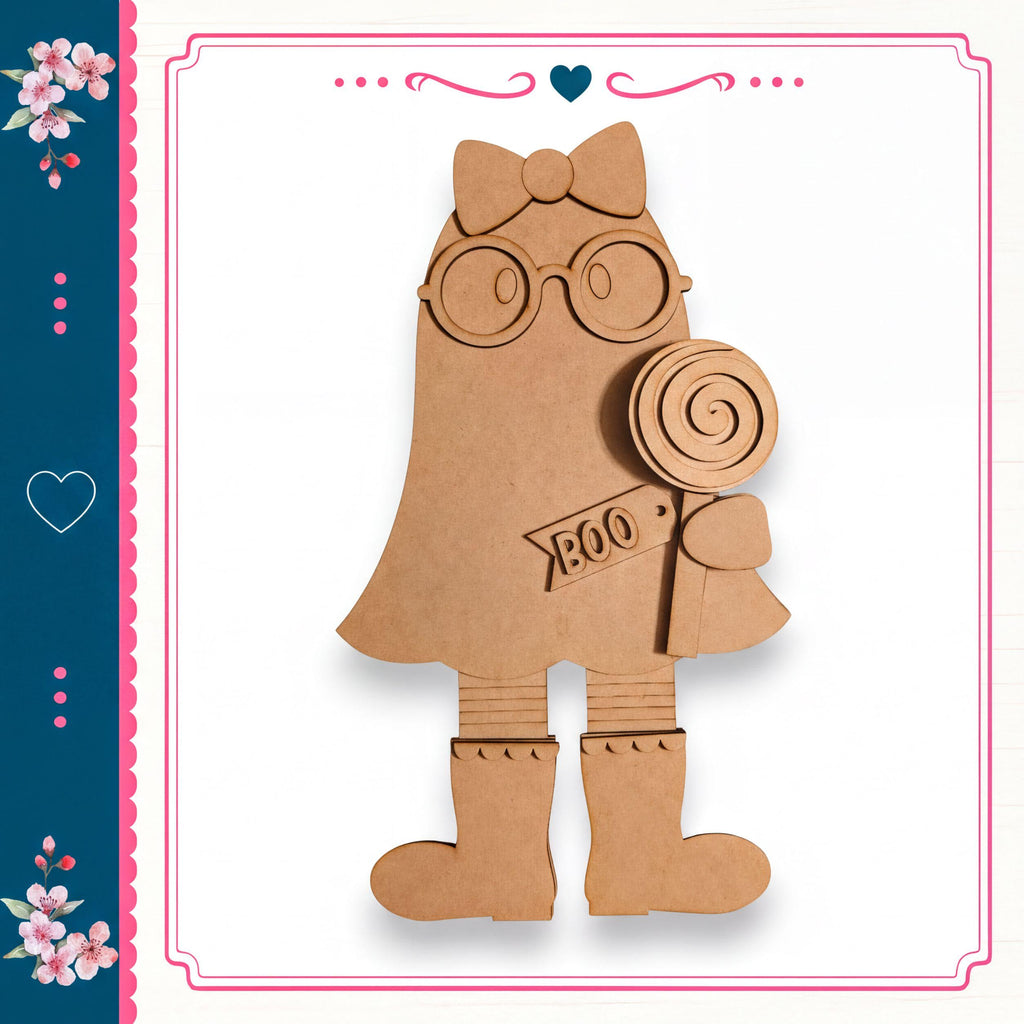 A cardboard cutout of a girl wearing glasses and holding a lollipop, with a heart-shaped design on the left side of the image.
