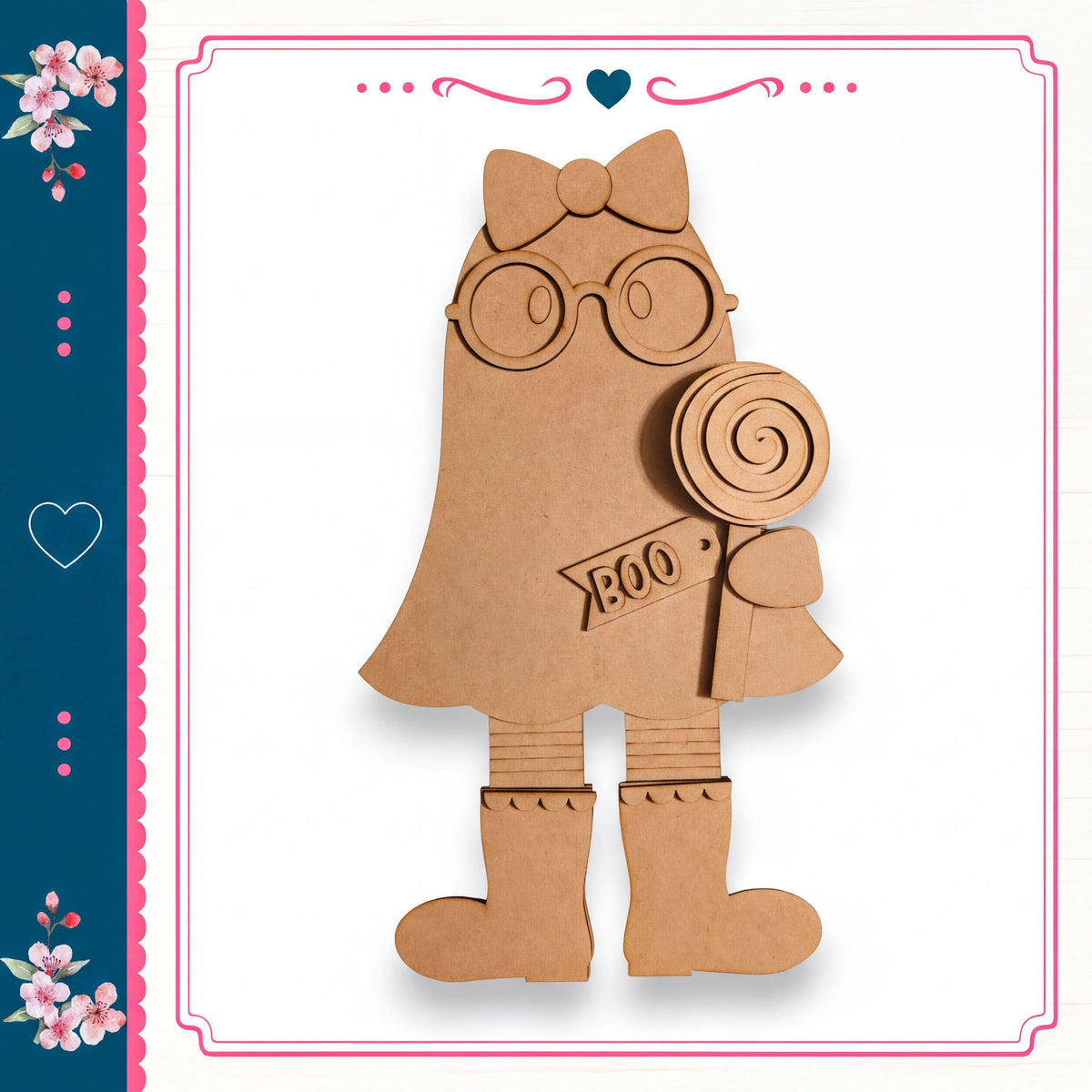 A cardboard cutout of a girl wearing glasses and holding a lollipop, with a heart-shaped design on the left side of the image.