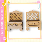 two wooden drawers or shelves, each with a unique design and shape, set against a pink and yellow background.