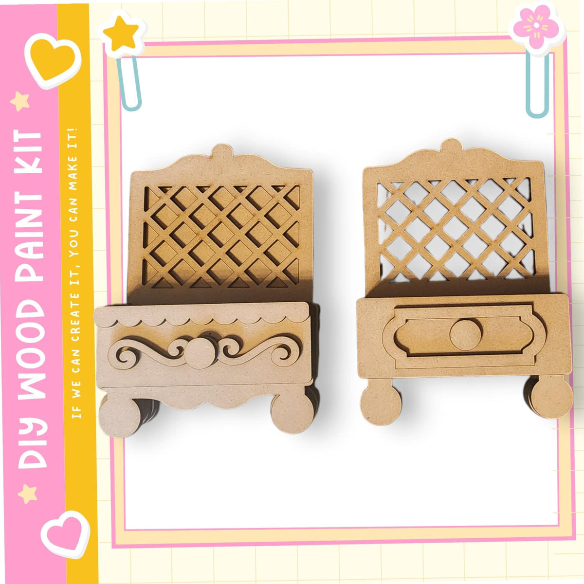 two wooden drawers or shelves, each with a unique design and shape, set against a pink and yellow background.