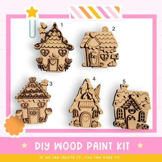 a DIY wood paint kit for creating wooden houses, with five different wooden houses displayed in a pink and white background.