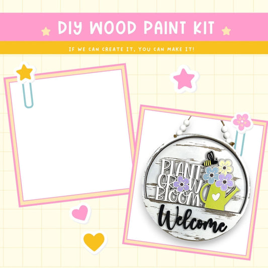 a picture of a wooden paint kit with a picture of a flower pot