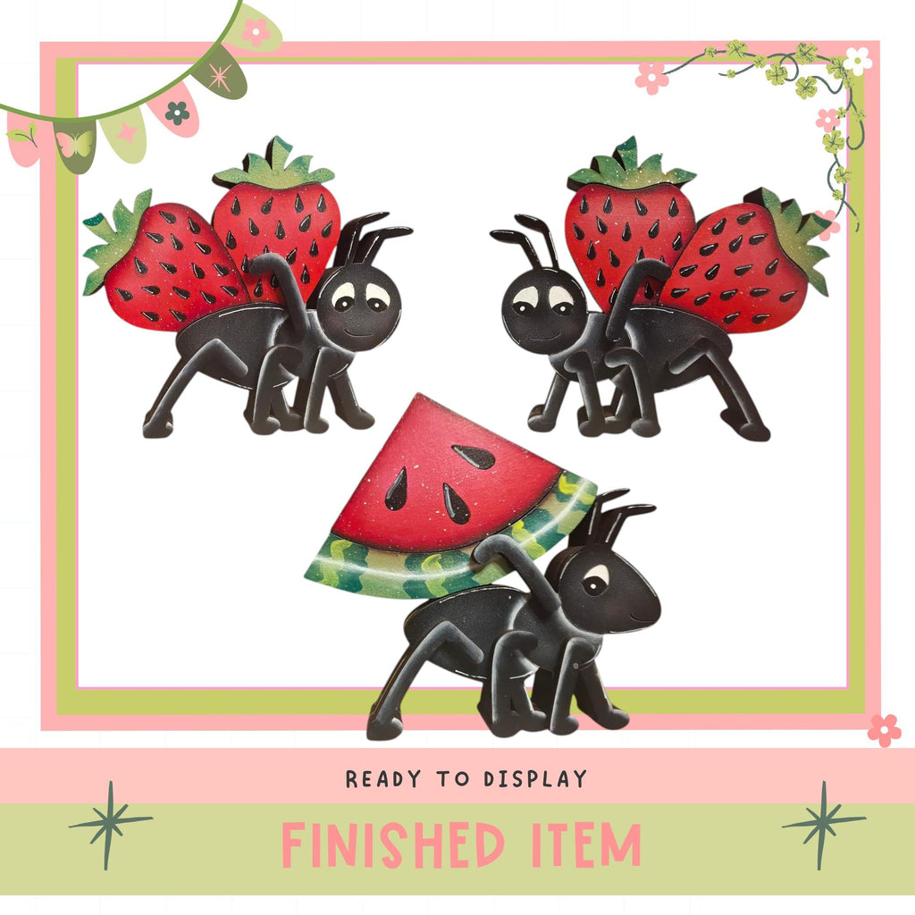 The image is a finished item that features three cartoon-style ants carrying a watermelon slice. The text "READY TO DISPLAY" and "FINISHED ITEM" is displayed at the bottom of the image.