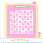 The image is a pink and yellow collage featuring a large white square with a repeating pattern of pink and white squares. The word "Re-useable" is displayed above the square, and the word "STENCILS" is written at the bottom of the image.
