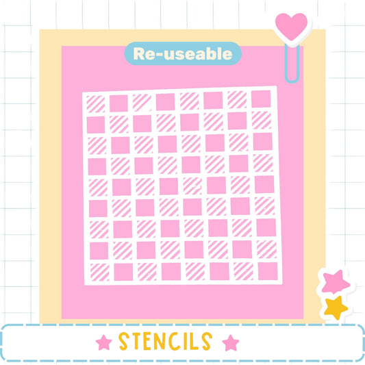 The image is a pink and yellow collage featuring a large white square with a repeating pattern of pink and white squares. The word "Re-useable" is displayed above the square, and the word "STENCILS" is written at the bottom of the image.