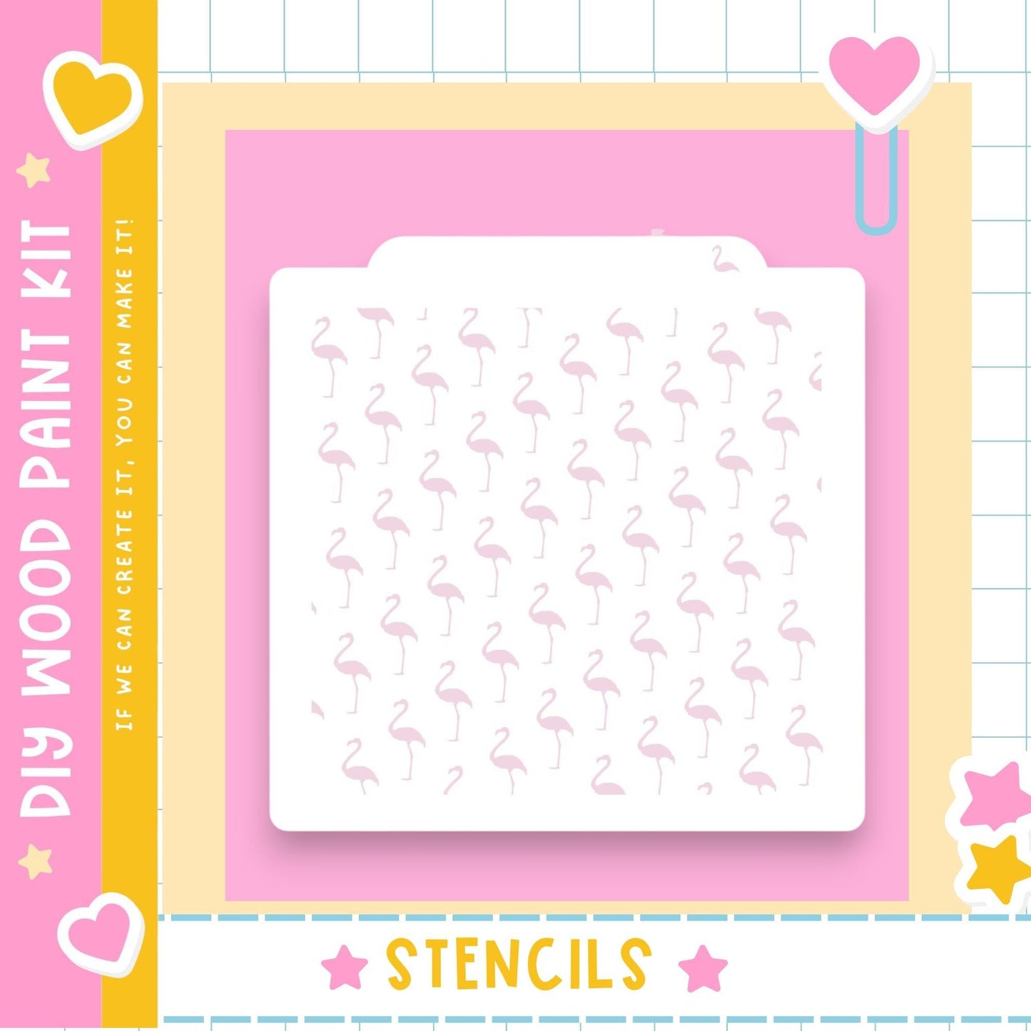 The image is a colorful and playful DIY paint kit featuring a pink background with a repeating pattern of pink flamingos. The kit includes a stencil and a heart-shaped clip, and the text "DIY WOOD PAINT KIT" and "STENCILS" is visible, indicating that the kit is designed for creating art with the stencil and heart-shaped clip.