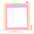 The image is a square with a pink background and white polka dots, surrounded by a yellow border. The word "Re-useable" is displayed above the image, and the word "STENCILS" is written at the bottom.