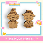 two wooden cutouts of cartoon characters, likely intended as a DIY wood paint kit for creating similar figures.