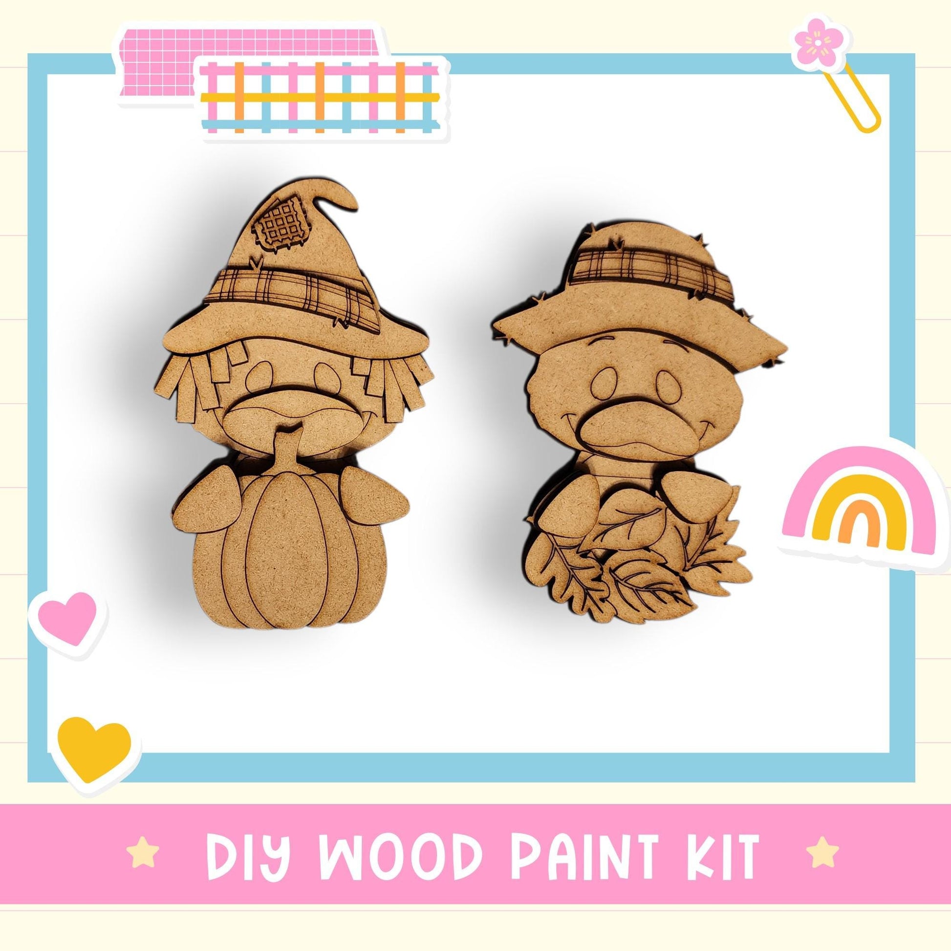 two wooden cutouts of cartoon characters, likely intended as a DIY wood paint kit for creating similar figures.