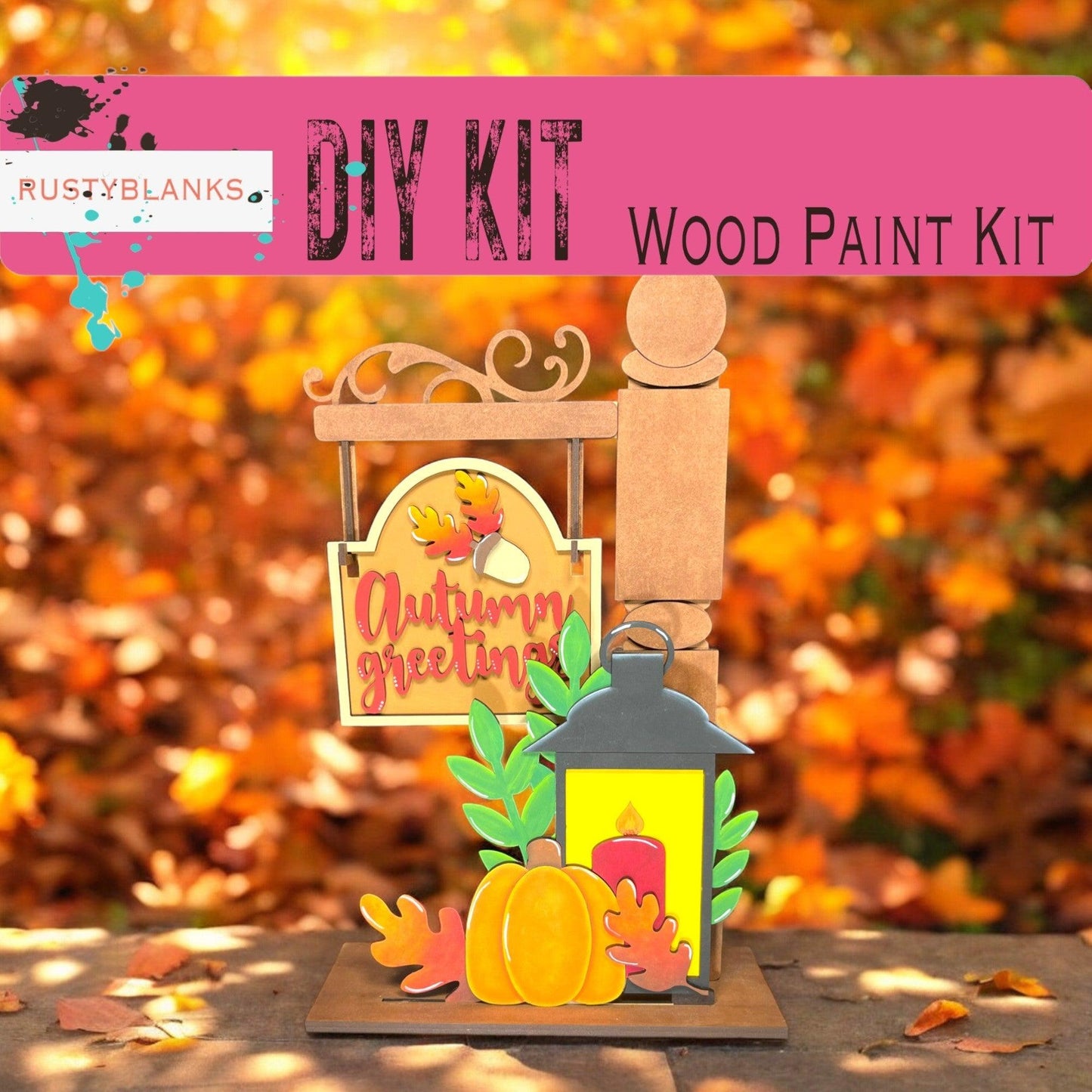 a wooden craft kit with a lantern and pumpkins