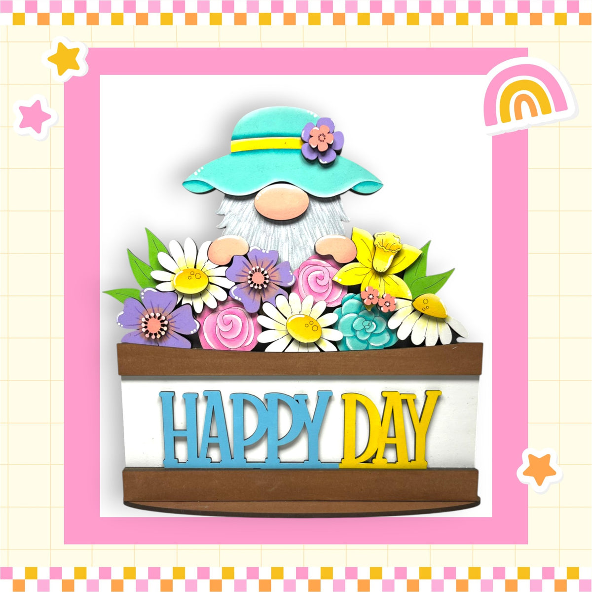 a card with a picture of a gnome in a flower pot