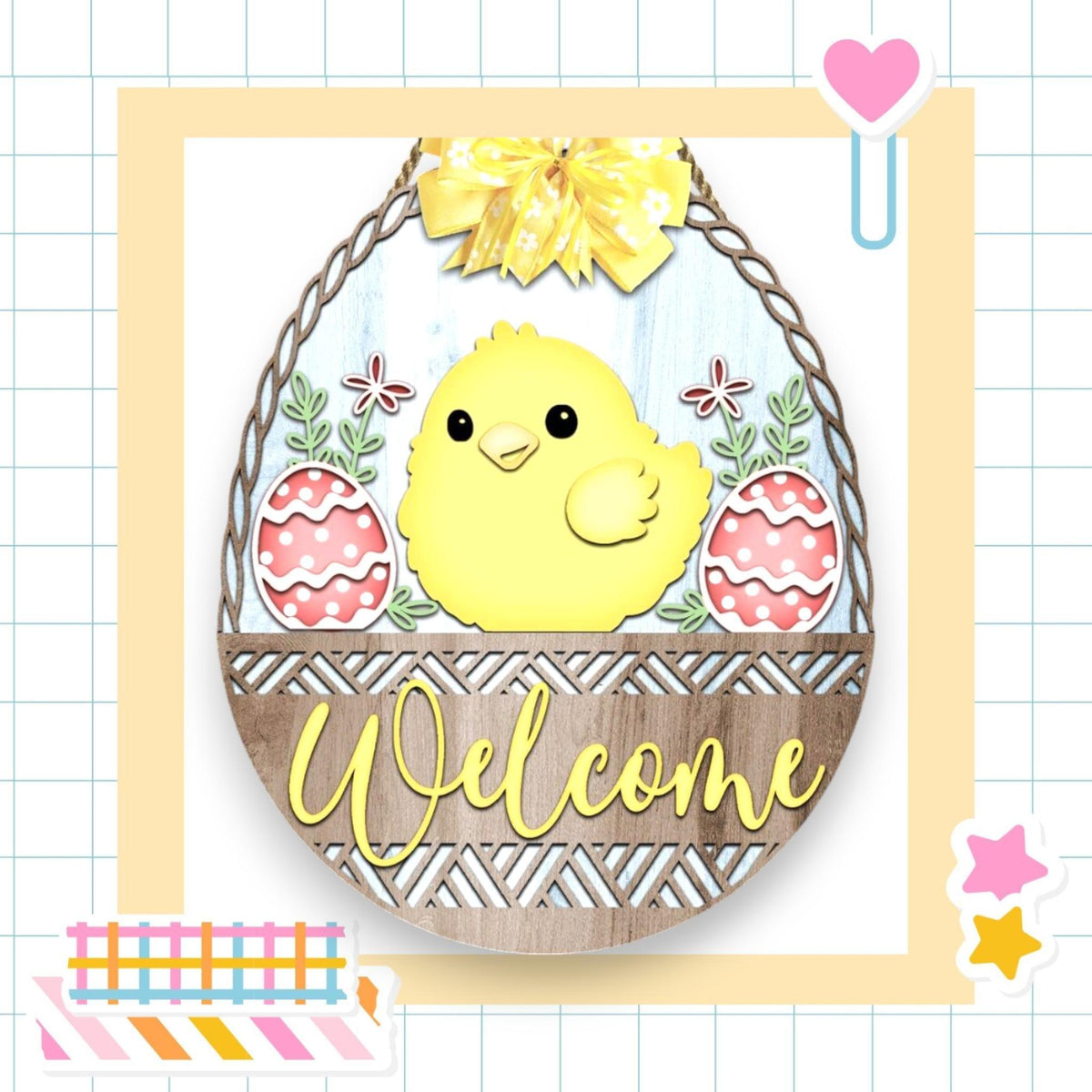 a welcome sign with a yellow chick in a basket