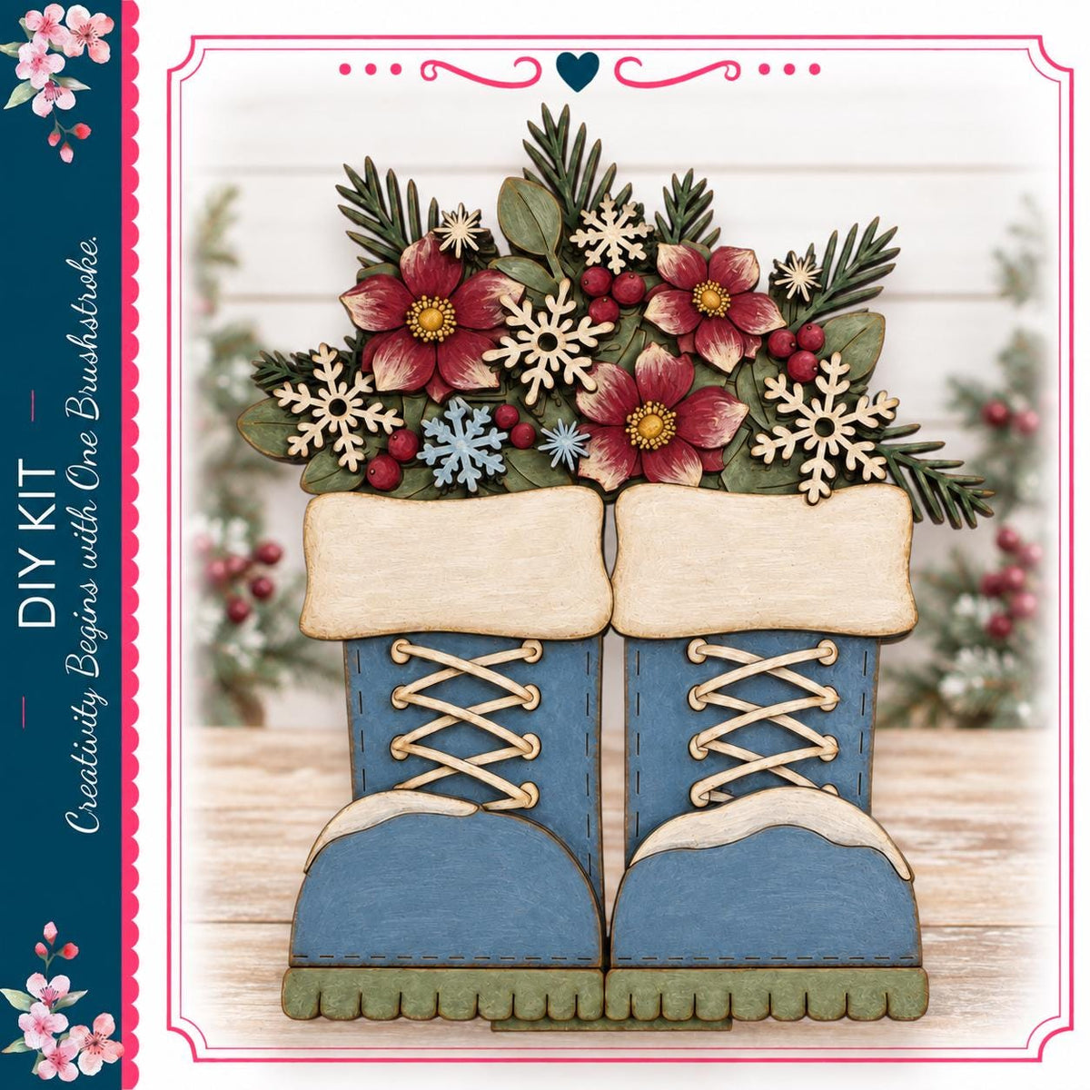 A pair of blue snow boots with white laces and a white snowflake design on the front, surrounded by a floral arrangement of red and white flowers.