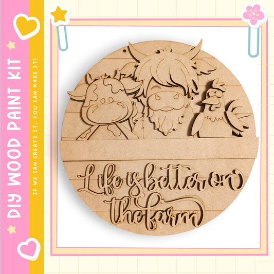 a wooden sign with a playful design, including a cow, chicken, and a heart. The sign has the text "Life is better on the farm" written on it.