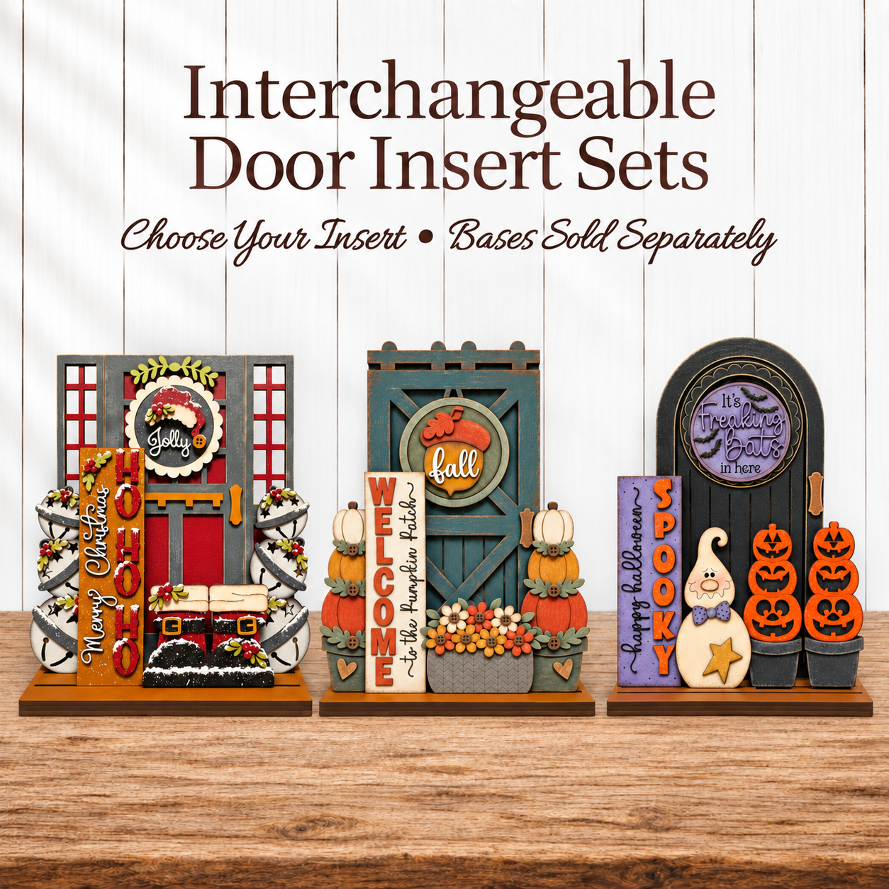 three decorative door insert sets, each with a unique design and message. The sets are arranged on a wooden surface, creating a visually appealing display.