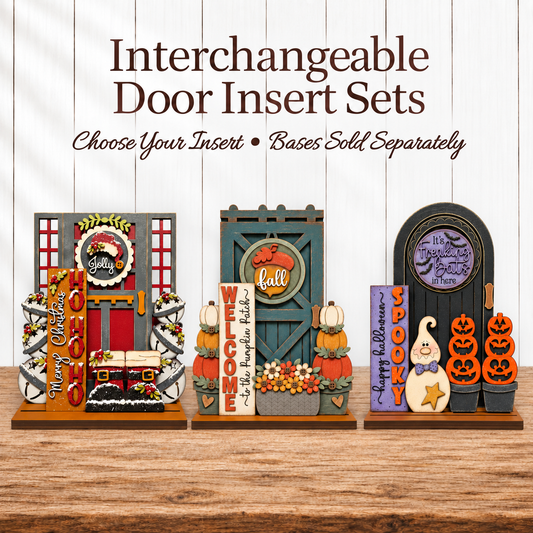 three decorative door insert sets, each with a unique design and message. The sets are arranged on a wooden surface, creating a visually appealing display.