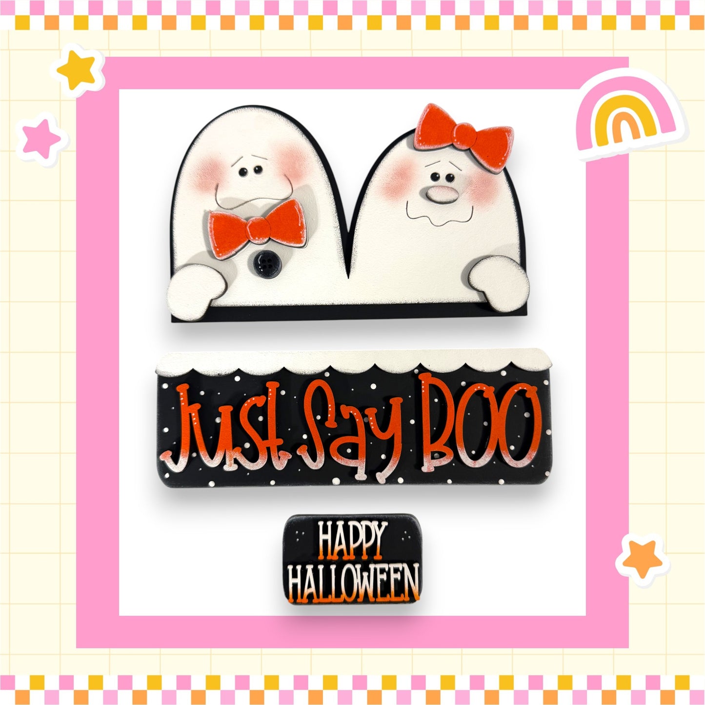 two white ghost characters with red bows, accompanied by a black banner with the text "Just say BOO" and a smaller black banner with the text "Happy Halloween".