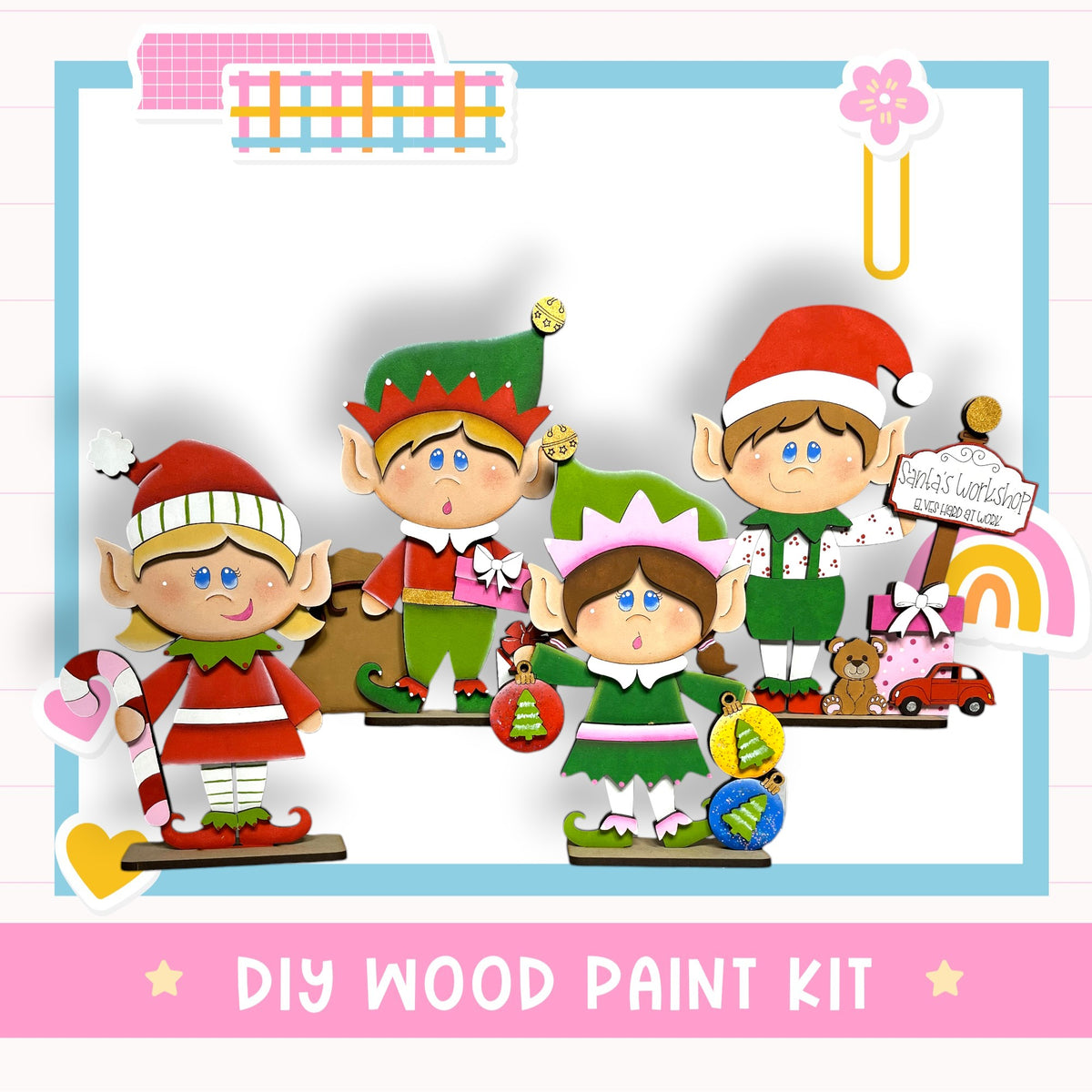 The image is a collage featuring four colorful elf figurines, each wearing a Santa hat and holding various holiday-themed items such as a toy car, a toy tree, and a toy gift box. The image also includes a sign that reads "DIY WOOD PAINT KIT" and a pink background with a white border.