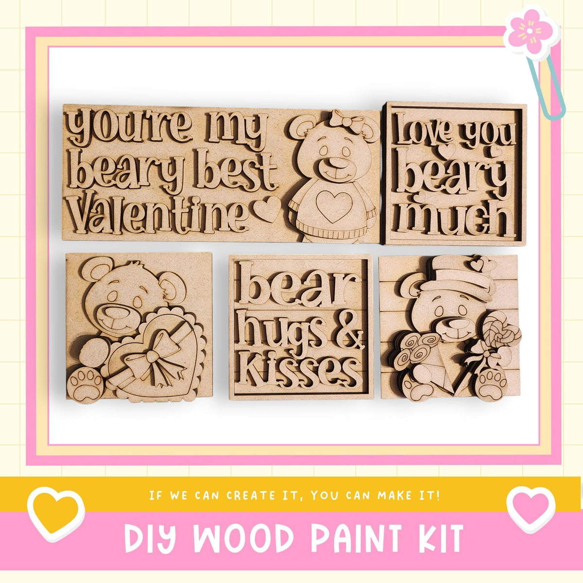 The image is a promotional image for a DIY wood paint kit, featuring various wooden shapes and designs, including a bear and a heart.
