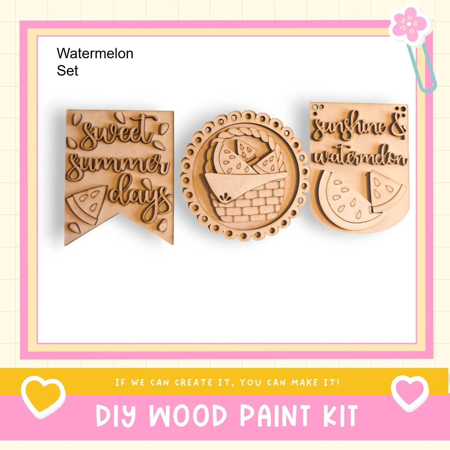 three wooden cutouts with text and designs related to summer and watermelon, along with a DIY wood paint kit and a heart-shaped logo.