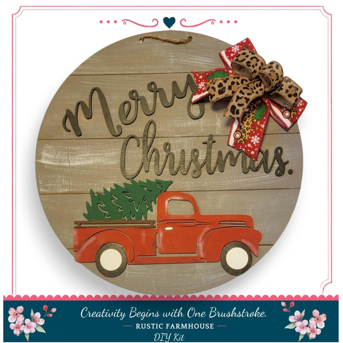 A wooden sign with a red truck and a leopard print bow, along with the text "Merry Christmas" and a heart symbol.