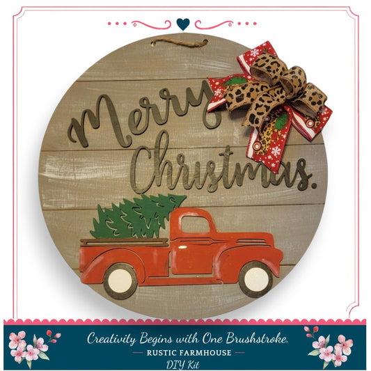 A wooden sign with a red truck and a leopard print bow, along with the text "Merry Christmas" and a heart symbol.