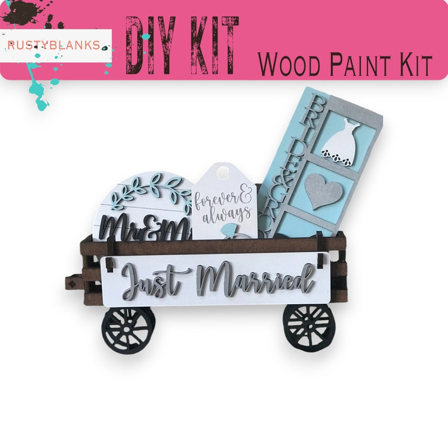 a wooden painted wagon with a sign that says just married