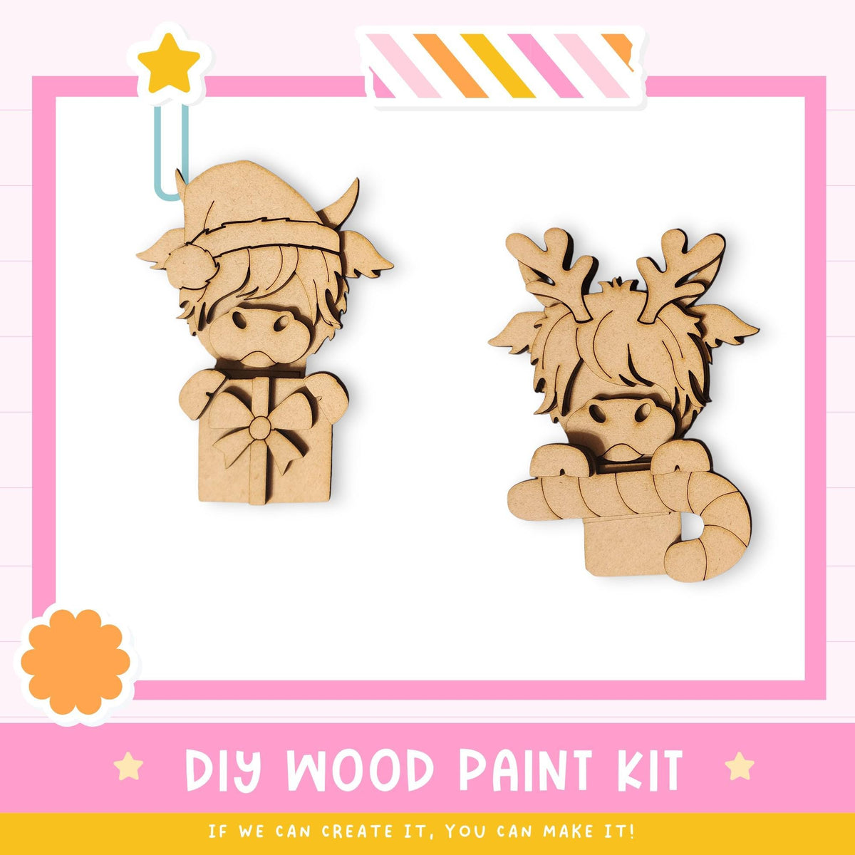 two wooden toys, one resembling a Viking character and the other a reindeer character, both with antlers and a bow. The toys are set against a pink and white background, and there is a text overlay that reads "DIY WOOD PAINT KIT" and "IF WE CAN CREATE IT, YOU CAN MAKE IT!"