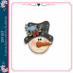 A wooden snowman with a carrot nose and a blue bird perched on its hat, set against a white background.