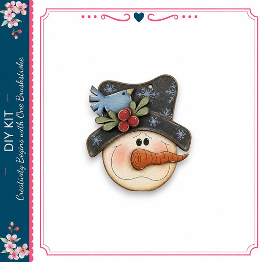 A wooden snowman with a carrot nose and a blue bird perched on its hat, set against a white background.