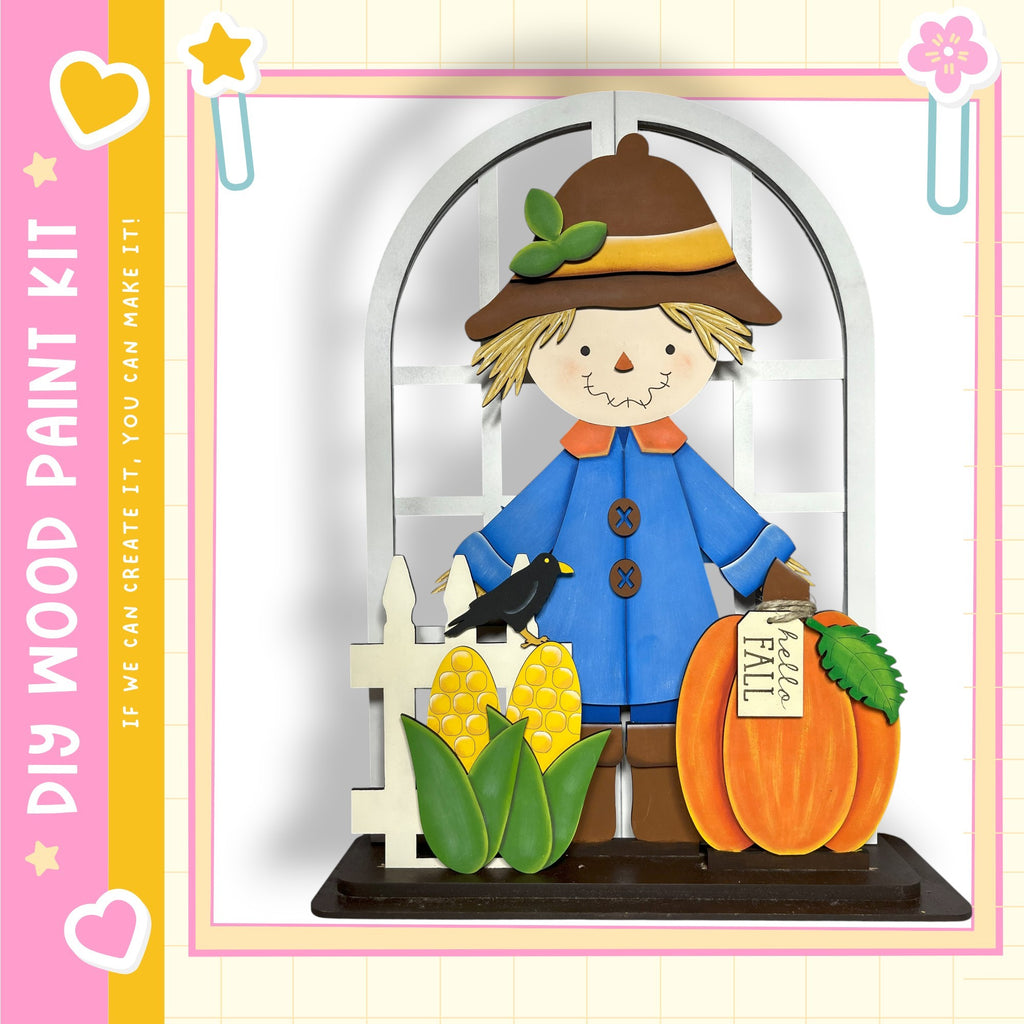 A wooden scarecrow figure holding a pumpkin and corn, with a bird perched on its shoulder, is depicted in the image.