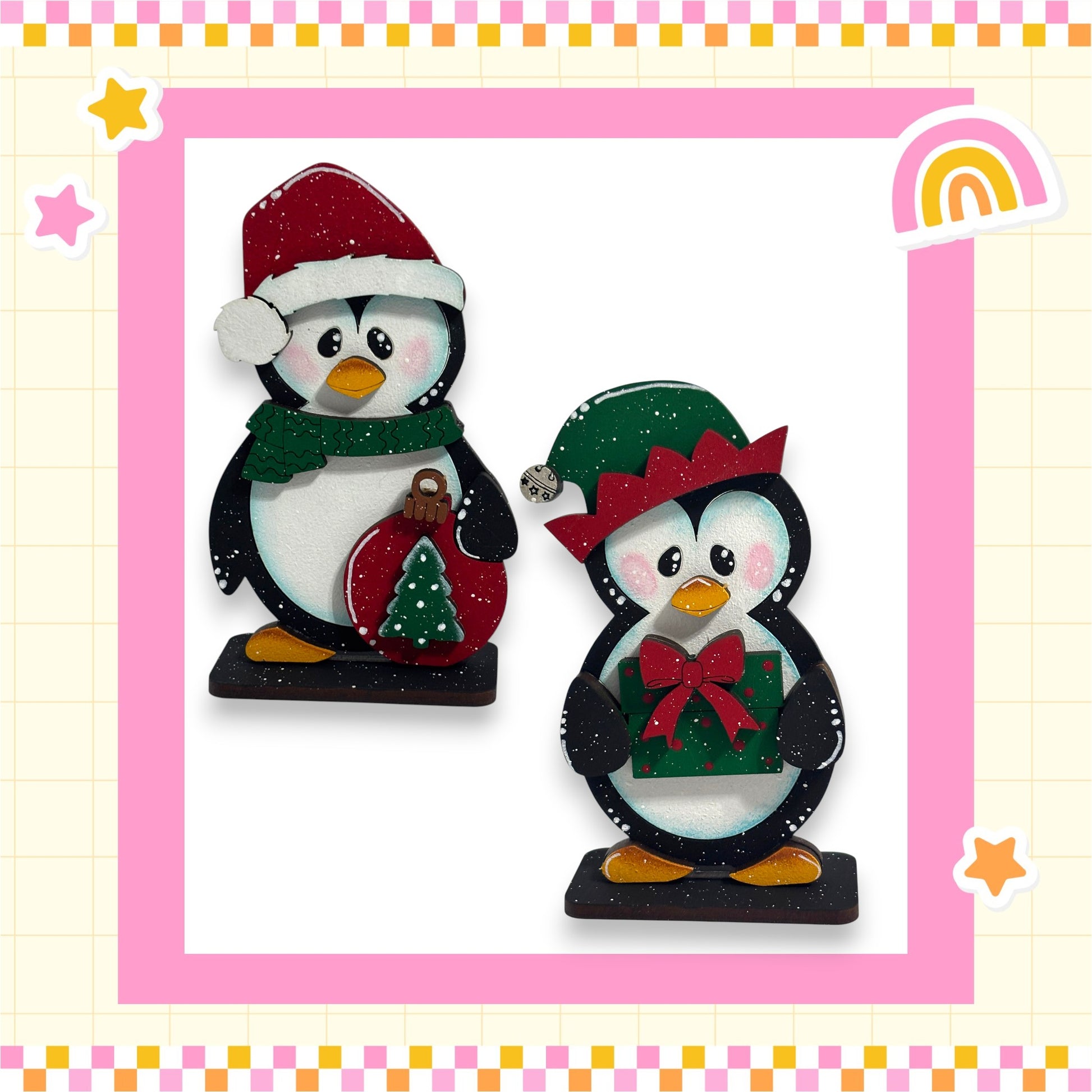 two cute penguin figurines dressed in festive holiday attire, including Santa hats and Christmas ornaments, set against a pink and yellow checkered background.