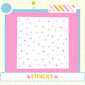 The image is a pink square with white polka dots, surrounded by a border and a star. The word "STENCILS" is written in the bottom right corner.