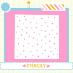The image is a pink square with white polka dots, surrounded by a border and a star. The word "STENCILS" is written in the bottom right corner.