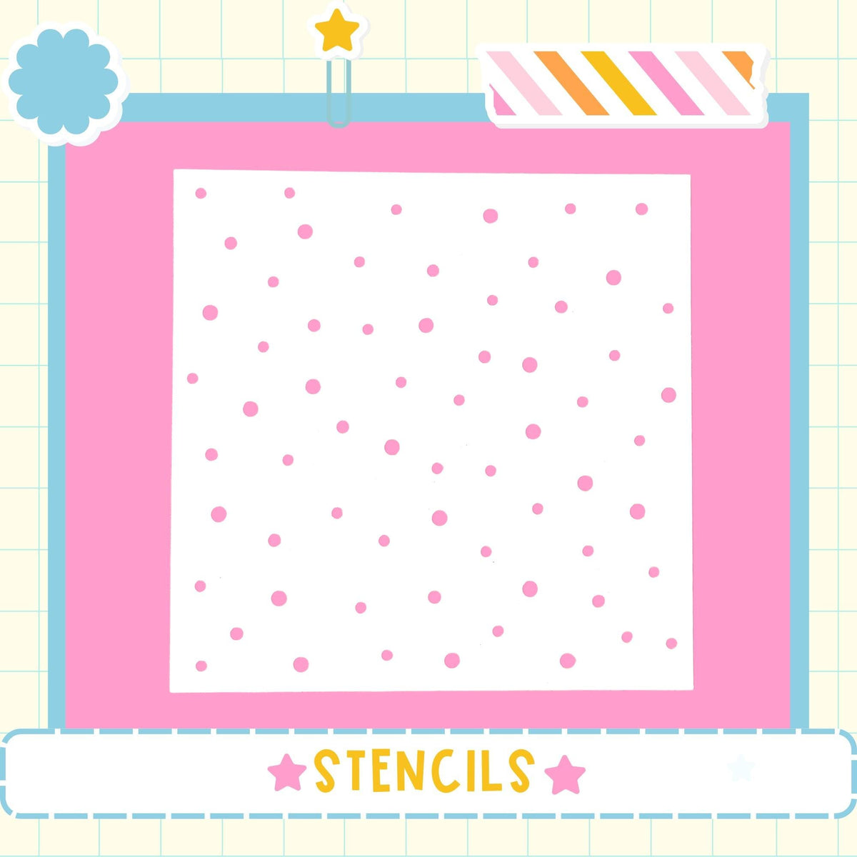 The image is a pink square with white polka dots, surrounded by a border and a star. The word "STENCILS" is written in the bottom right corner.
