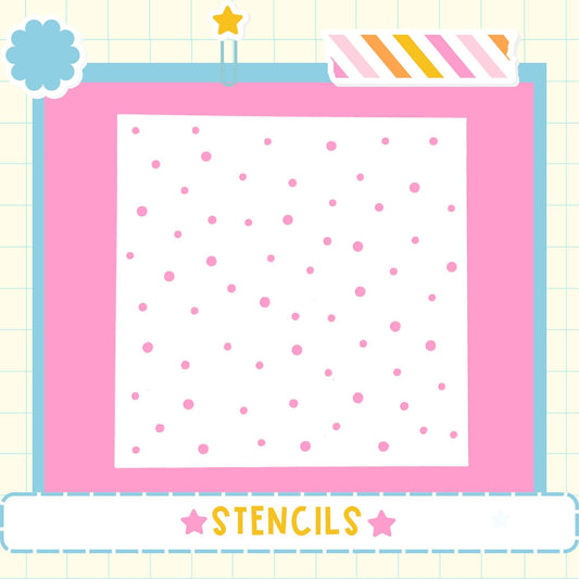 The image is a pink square with white polka dots, surrounded by a border and a star. The word "STENCILS" is written in the bottom right corner.