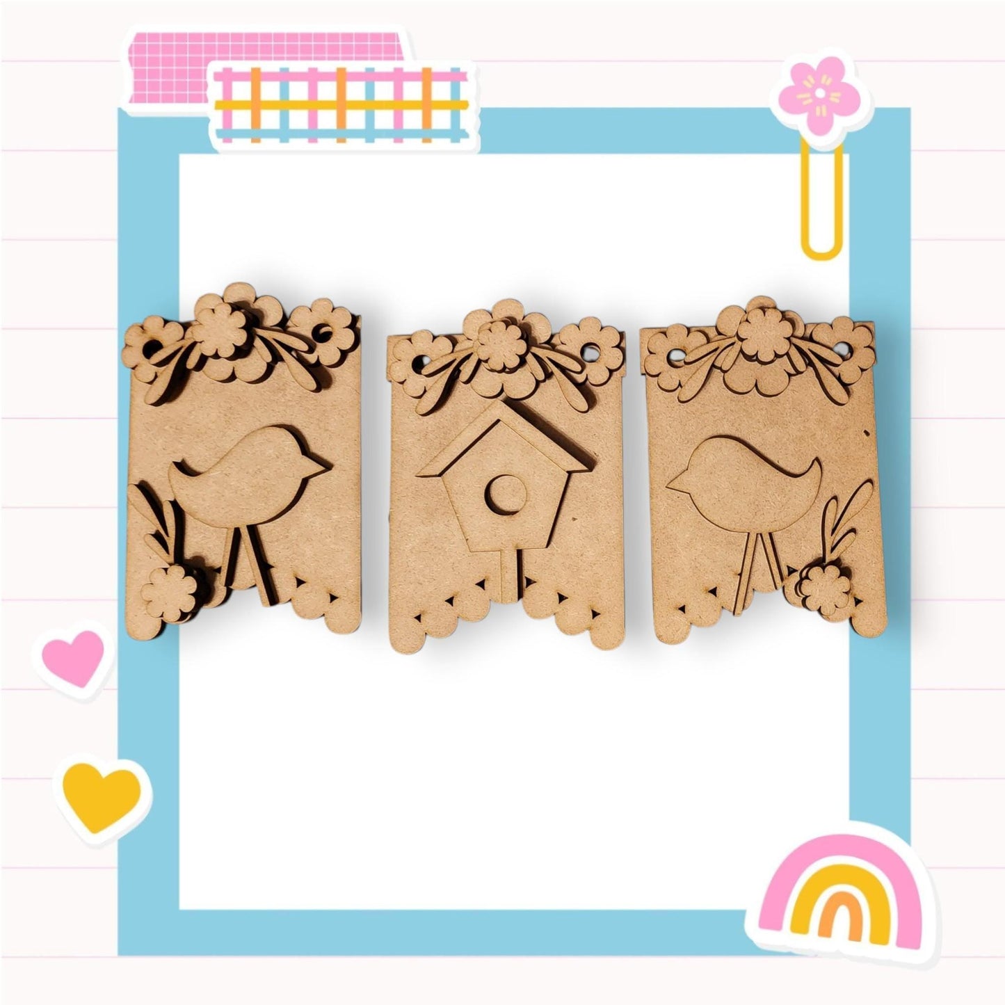 a picture of three wooden stamps with birds on them